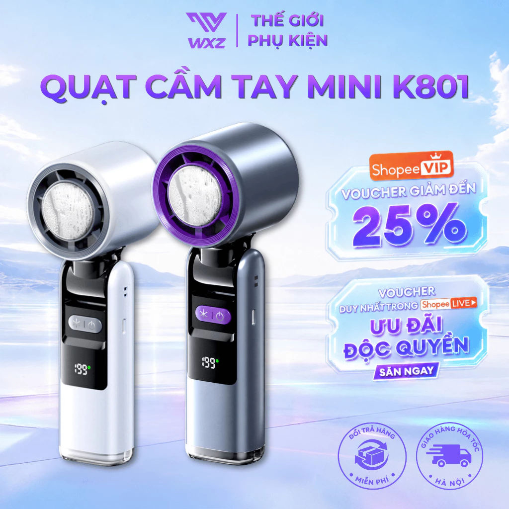 Quạt Cầm Tay Turbo K801 Tích Hợp Sò Lạnh Làm Mát Bán Dẫn 199 Cấp Độ Gió Pin 3600mAh Gấp Gọn 180 Độ