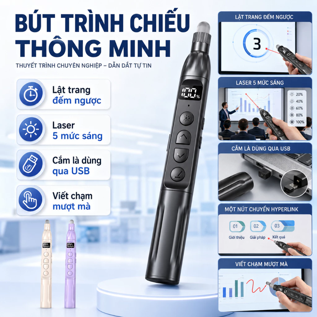 Bút Trình Chiếu B11 Có Hẹn Giờ, Rung Nhắc, Laser 5 Mức, Que Chỉ 60cm, Sạc Type-C, Remote 2.4G 100m, Màn Hình Pin