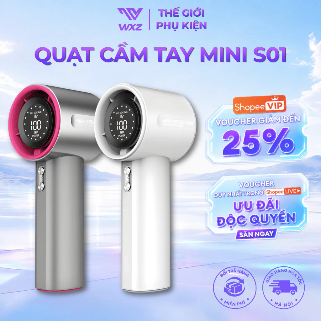 Quạt Mini Cầm Tay Turbo Tùy Chỉnh 100 Tốc Độ Gió Mạnh Pin 4000mAh Màn Hình LED Sạc Type-C Siêu Mát