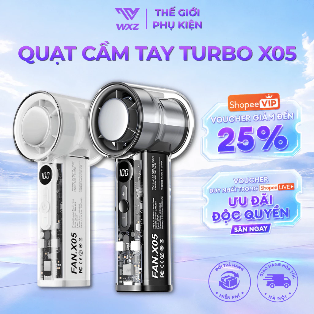 Quạt Cầm Tay Mini Turbo X05 Tích Hợp Sò Lạnh Siêu Mát 100 Cấp Độ Gió Màn LCD Pin 3000mAh Gió Mạnh