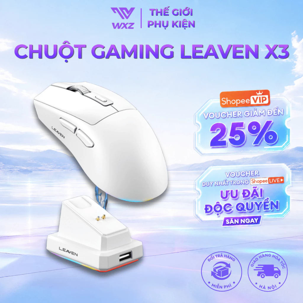 Chuột Gaming Leaven X3, LED RGB, Độ Nhạy Cao 1600 DPI, Thiết Kế Công Thái Học, Có Dock Sạc Không Dây