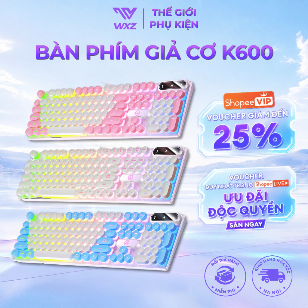 Bàn Phím Giả Cơ K600 LED RGB Fullsize 104 Phím, Xuyên Led, Bàn Phím Gaming Cho PC Laptop Văn Phòng