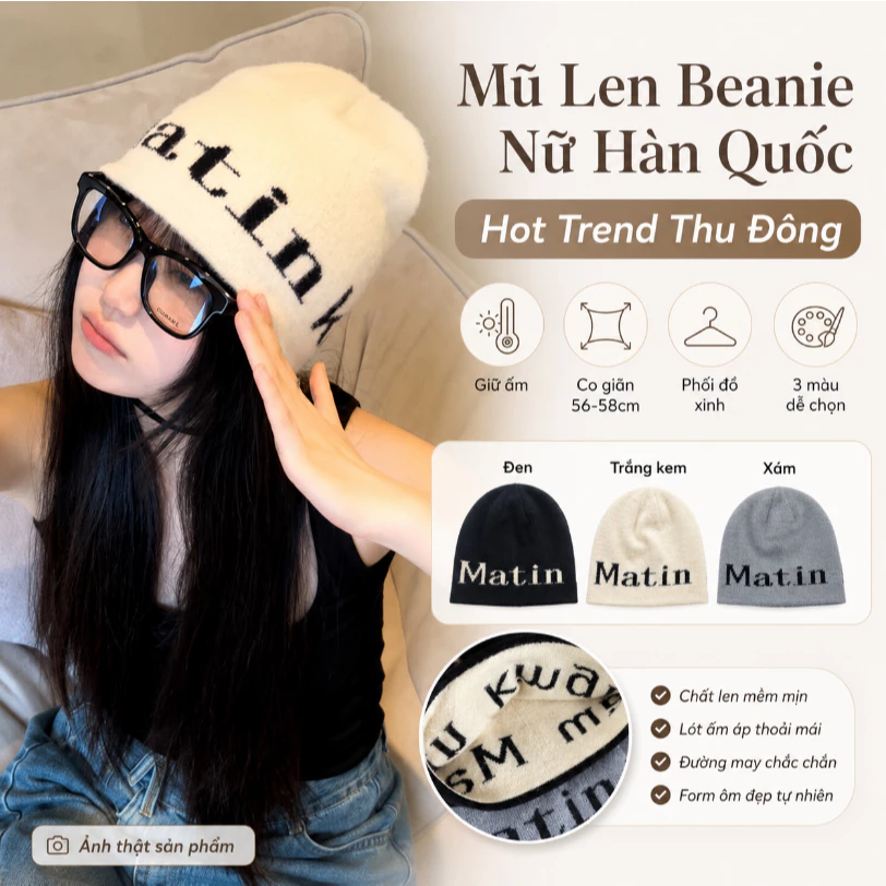 Mũ Len Beanie Nữ Hàn Trùm Tai Ấm In Chữ Cá Tính Đi Đà Lạt Sa Pa Chụp Ảnh Đẹp Mềm Mại Co Giãn