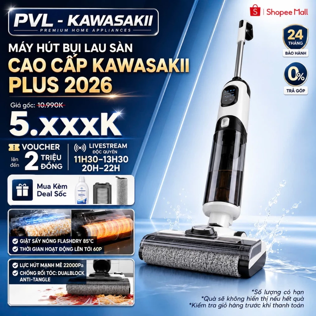Máy hút bụi lau sàn không dây khô ướt pvl - KAWASAKII, Lau nhà, Hút Bụi, tự giặt sấy khăn lau  Lực hút 22000Pa