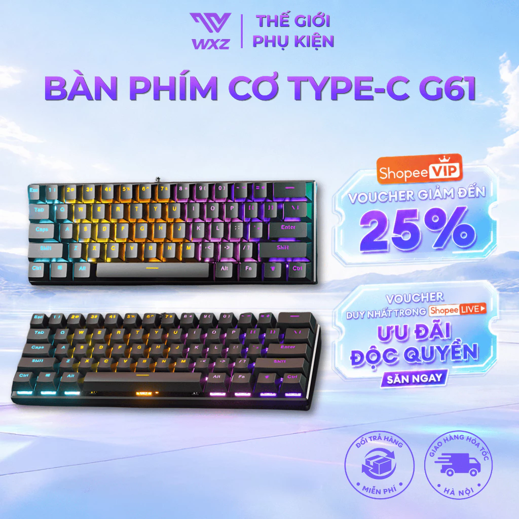Bàn Phím Cơ Gaming G61 Kết Nối Có Dây Type-C, 61 Phím Rút Gọn, LED RGB Keycap ABS Xuyên Led