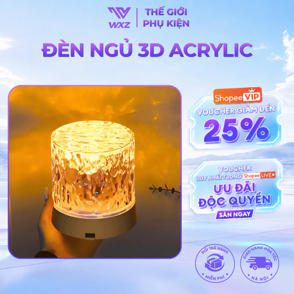 Đèn Ngủ 3D Acrylic Hiệu Ứng Gợn Nước 3 Chế Độ Màu Đèn LED Trang Trí Phòng Ngủ Bàn Làm Việc Decor