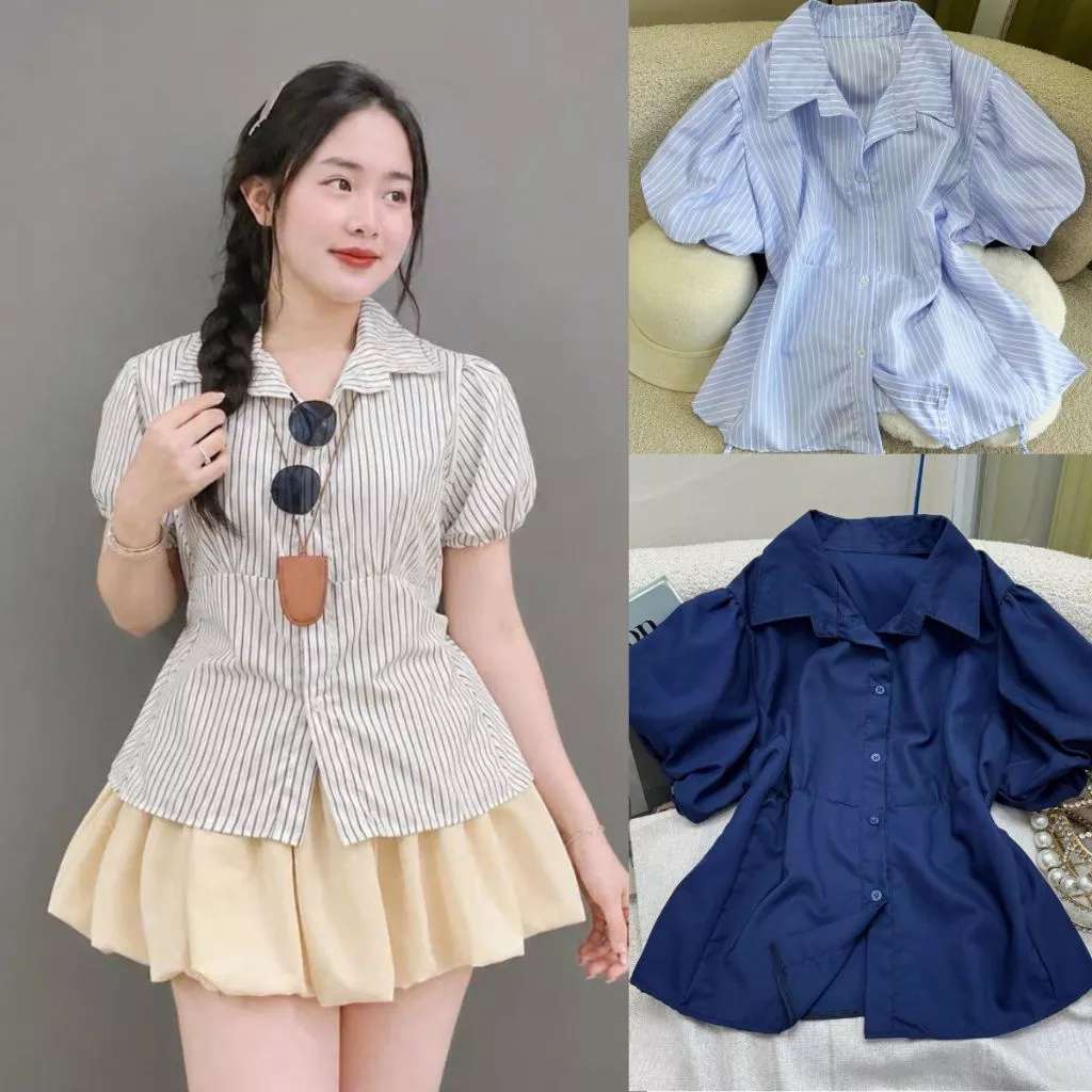 Áo Sơ Mi Nữ Bigsize Kẻ Sọc Dọc Tay Phồng Cổ Bẻ Dáng Suông Che Khuyết Điểm Thời Trang-SM189/SM192