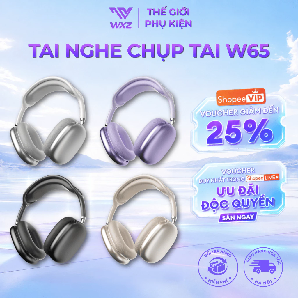 Tai Nghe Bluetooth AirMax W65 Air, Bluetooth 6.0, Pin Trâu, Có Dây + Thẻ Nhớ, Chụp Tai Chống Ồn