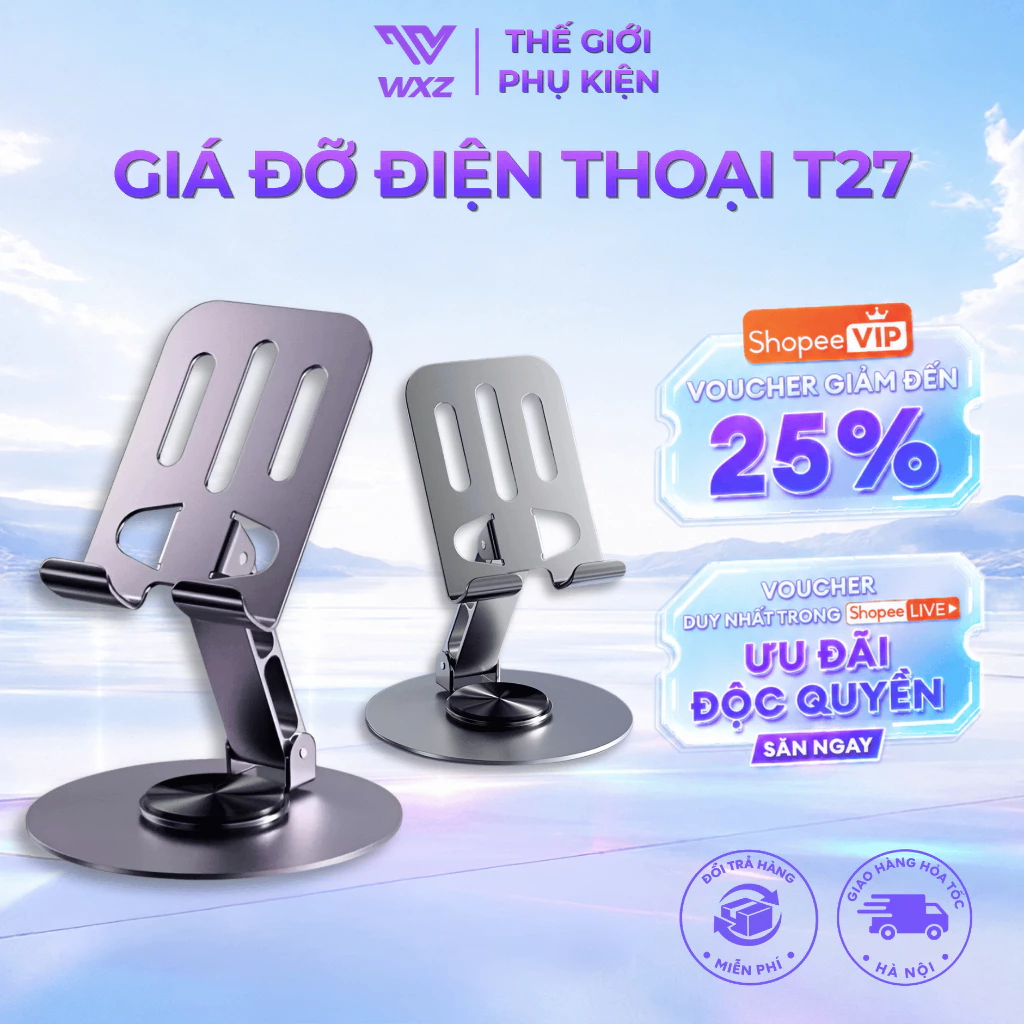 Giá Đỡ Điện Thoại Mini T27 Hợp Kim Cao Cấp, Xoay 360 Độ Điều Chỉnh Độ Cao Linh Hoạt Gấp Gọn Tiện Lợi