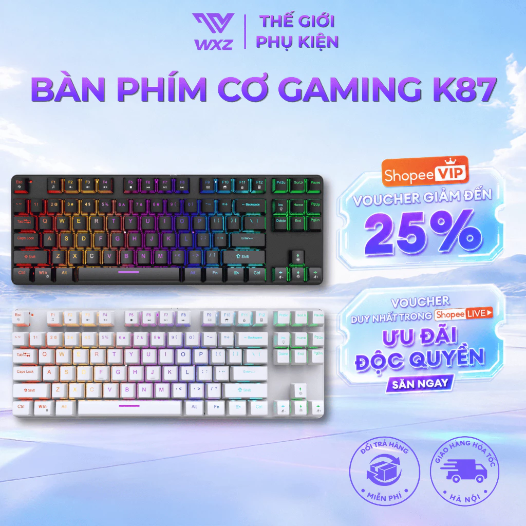 Bàn Phím Cơ K87 Pro RGB 87 Phím – Blue Switch Clicky, LED 16 Mode, Keycap Xuyên Đèn Chống Nước