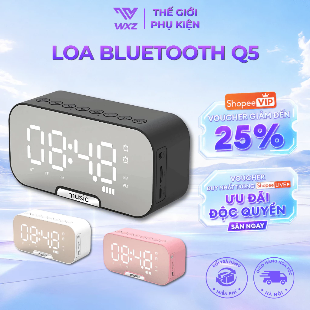 Loa Bluetooth Q5 Mini, Màn Hình LED LCD Hiển Thị Thời Gian, Đồng Hồ Decor Bàn Làm Việc