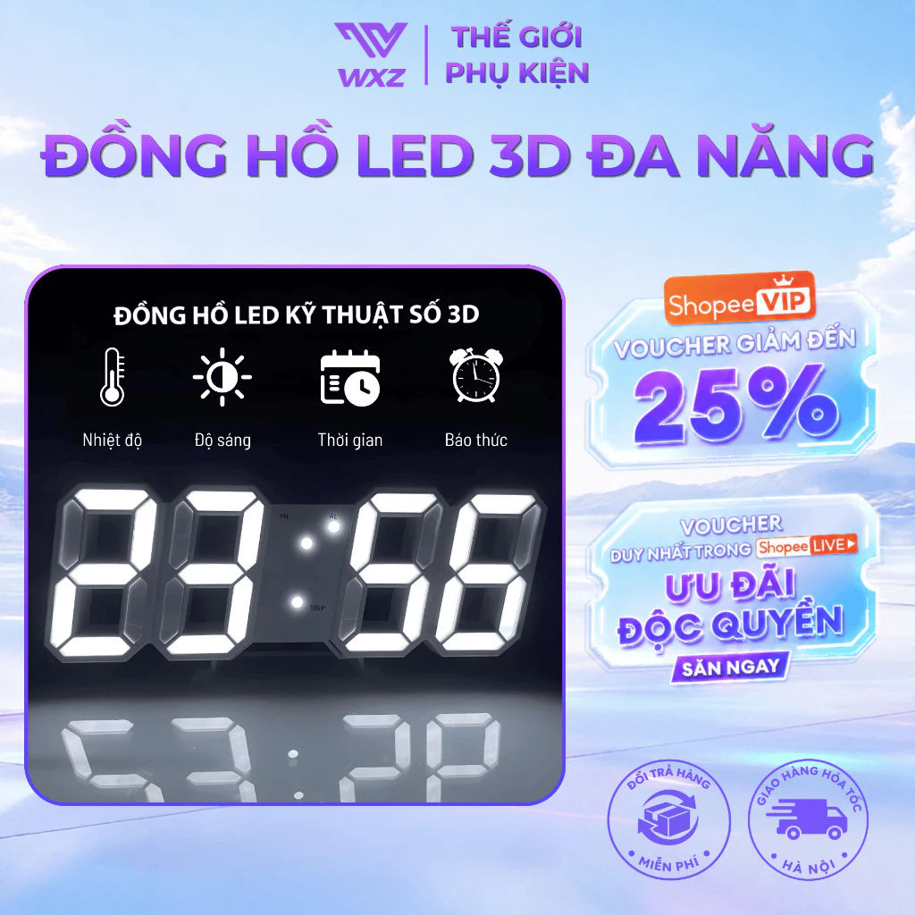 Đồng Hồ LED Thông Minh Để Bàn Treo Tường Đa Năng, Hiển Thị Giờ Ngày Nhiệt Độ, Báo Thức Hiện Đại