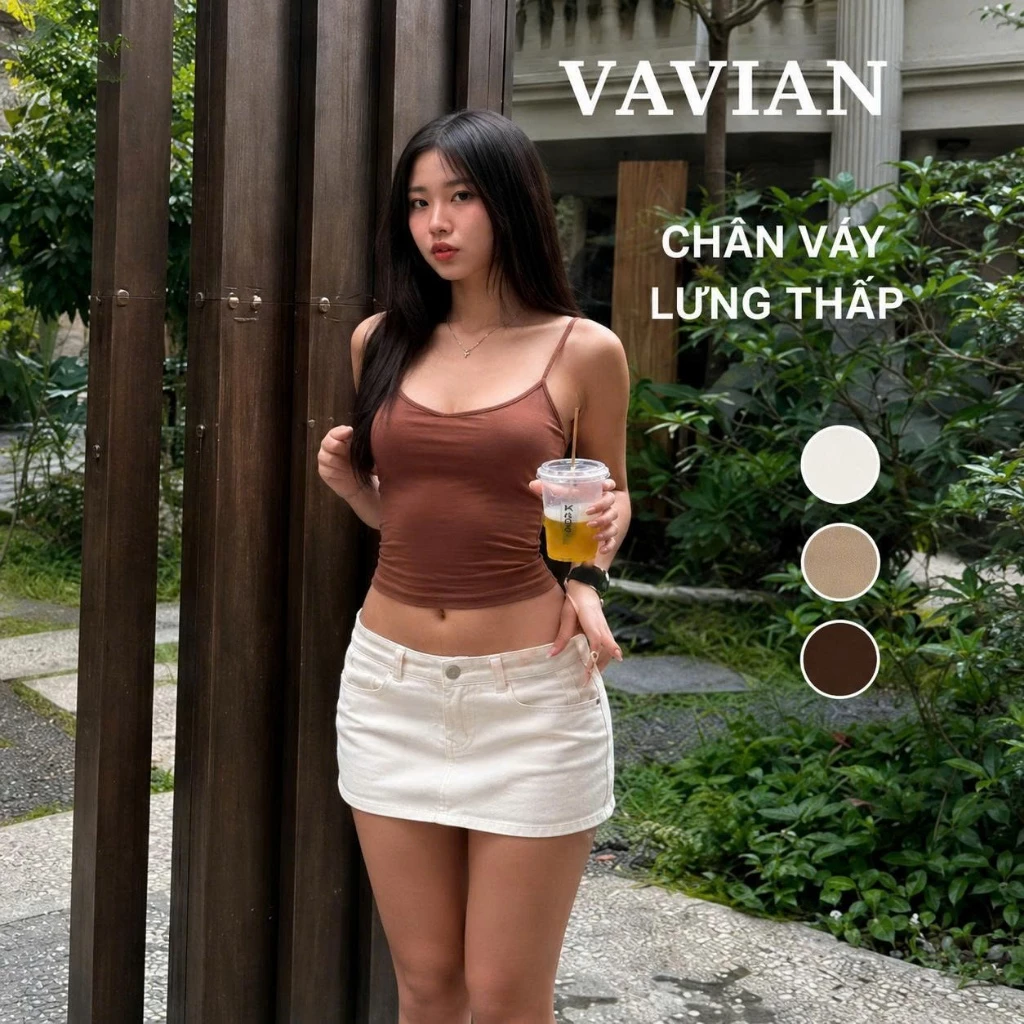 VAVIAN - Chân Váy Lưng Thấp Màu Trắng Dáng Ôm Nhẹ Có Quần Bảo Vệ Trong, Chân Váy Jean Ngắn Chữ A lưng thấp CẠP TRỄ Sexy.