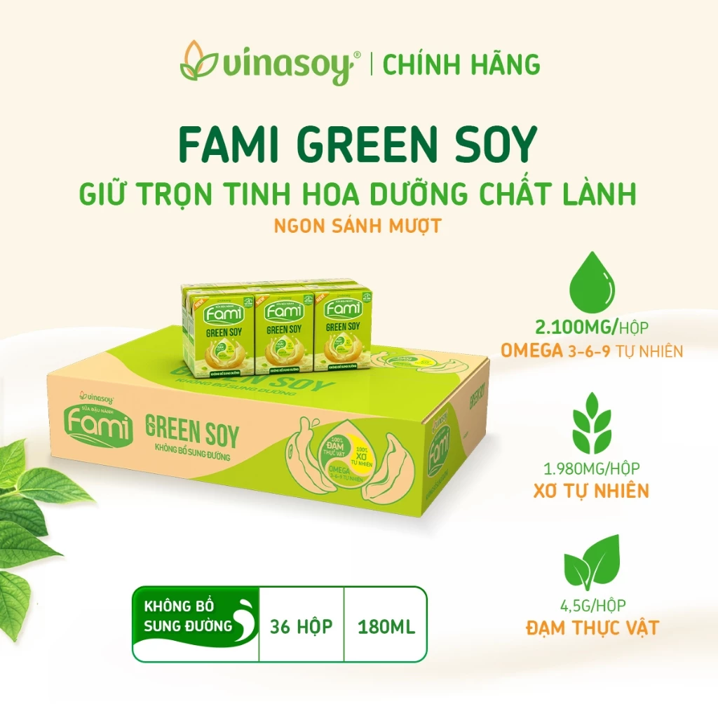 Thùng sữa đậu nành Fami Green Soy không bổ sung đường (36 hộp x 180ml)
