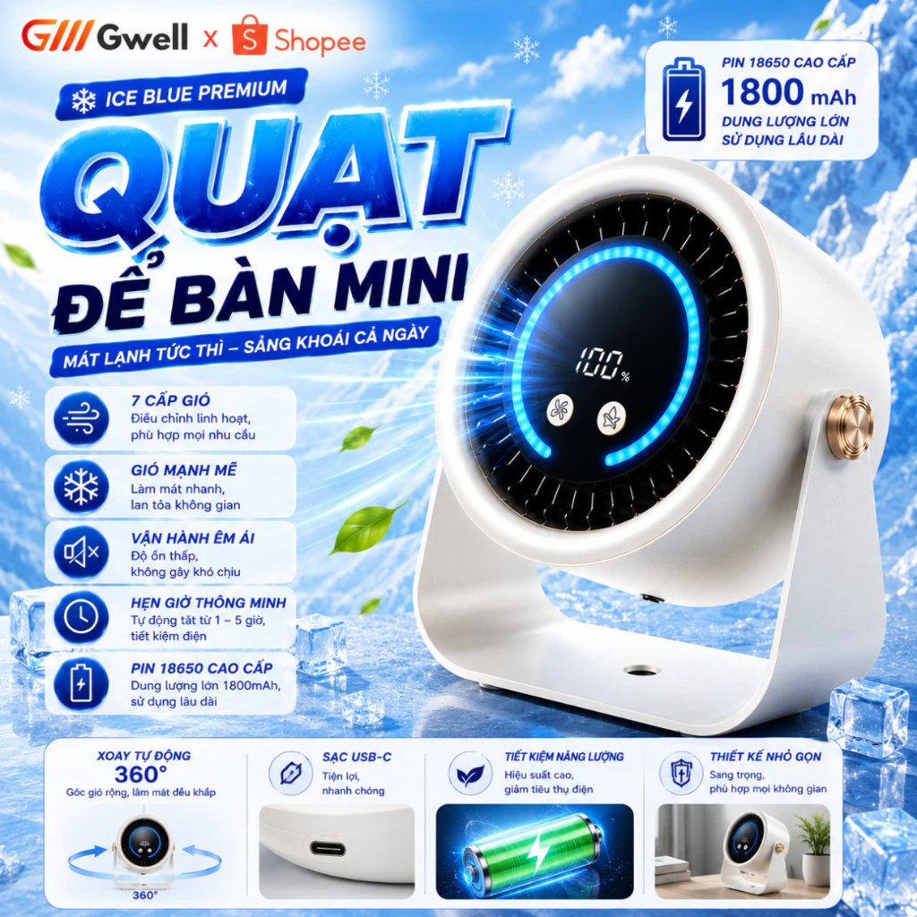 Quạt Để Bàn Mini, Quạt Tích Điện Gắn Tường Màn Hình LED Hiển Thị Pin, 100 Mức Làm Mát, Xoay 90°