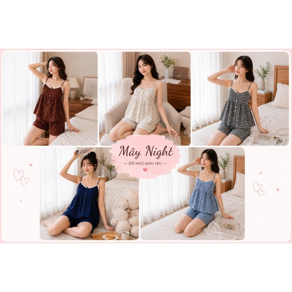 Bộ Đồ Mặc Ở Nhà Hai Dây Dáng Xòe Có Cúc Trước Ngực Và Sẵn Mút Ngực - Phối Ren Chấm Bi Xinh Xắn
