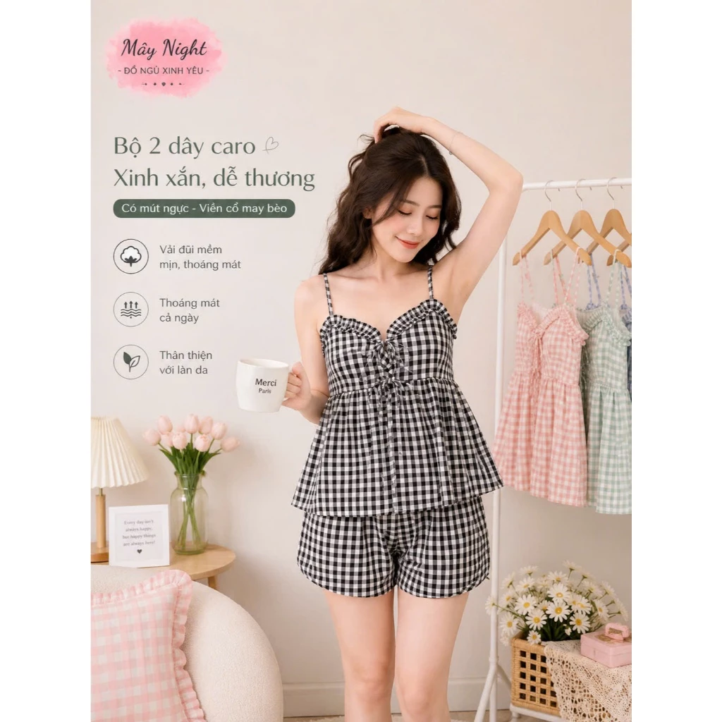 Bộ Đồ Hai Dây Kẻ Caro Nữ - Set Đồ Ngủ Hai Dây Dáng Xòe Thắt Nơ Ngực ( Có Mút Ngực ) - Quần Bí Phồng Siêu Tôn Dáng
