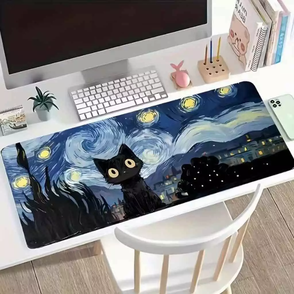 Lót Chuột Gaming Mèo Starry Night Cat Khổ Lớn Desk Mat Anime Cute – Bề Mặt Speed Mịn, Chống Trượt, Bo Viền Cao Cấp