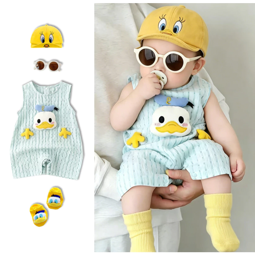 Bé mùa hè không tay áo onesie siêu nhẹ và thở bông lưới phong cách Vịt mẫu Jumpsuit 0-24M