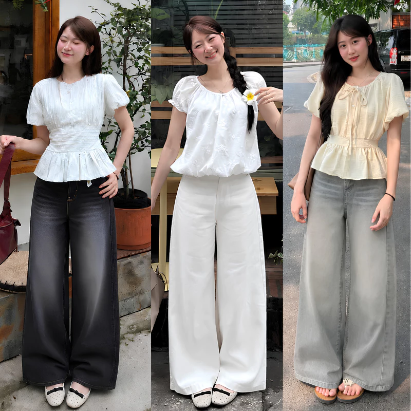 Quần Jeans Bò Ống Rộng suông đứng Nam Nữ MIAA 3 Màu Wash Cạp Cao , Quần jeans lưng cao Tôn Dáng ống rộng màu RETRO