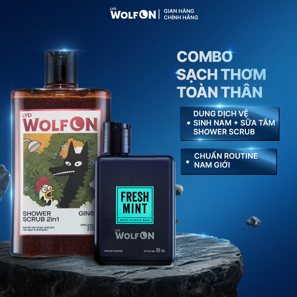 Set Sản Phẩm Chăm Sóc Nam Giới LYD Wolf ON: 1 Dung Dịch Vệ Sinh 95ml + 1 Shower Scrub 330g