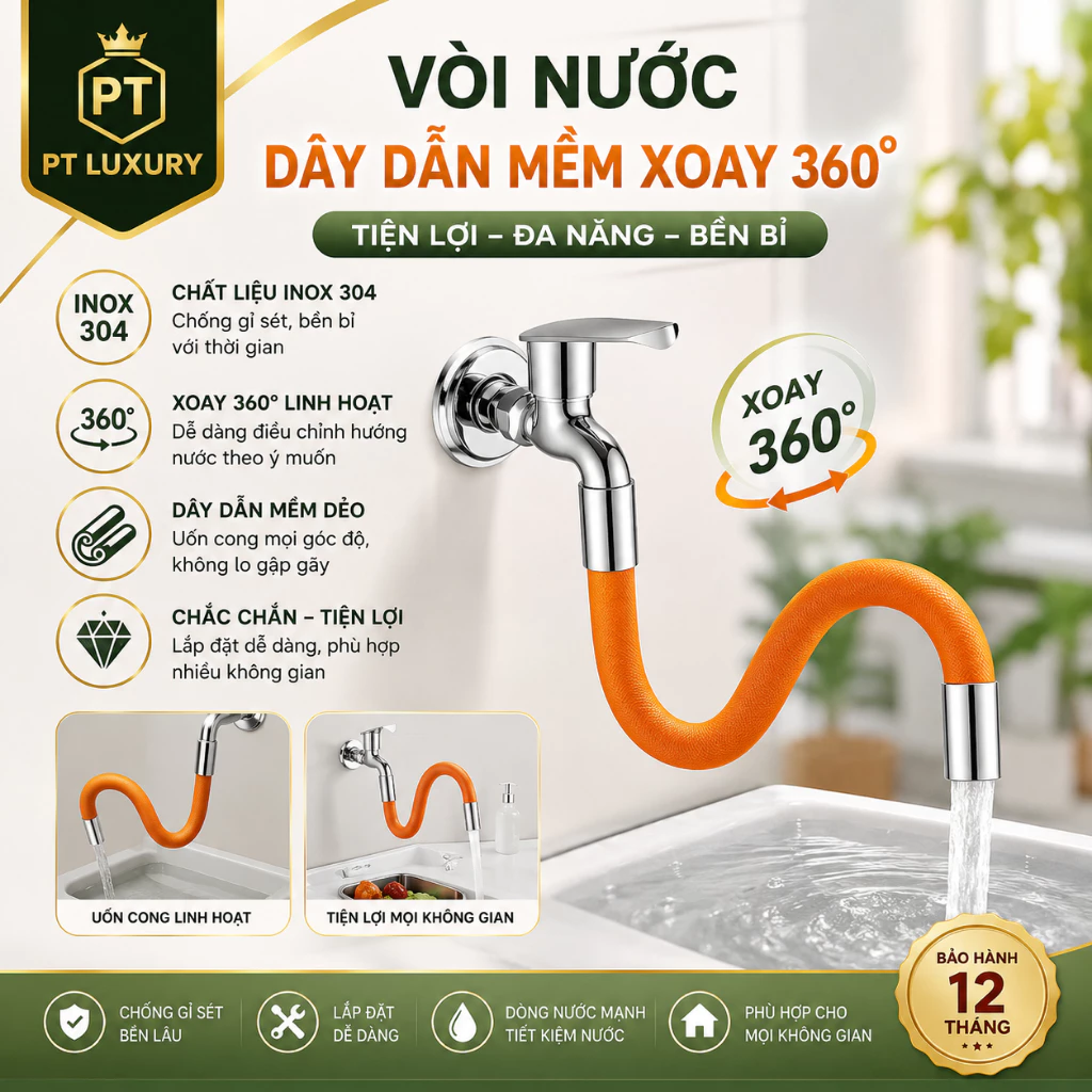 Ống nối vòi nước 50 xoay 360 theo mọi hướng PTLUXURY Vòi nước nắp phòng tắm phòng bếp nhà vệ sinh [ HÀNG TỐT ]