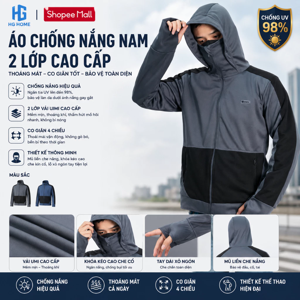Áo Chống Nắng Nam 2 Lớp Chất Vải Umi Phối Hai Màu Kẻ Sọc Thoáng Mát Co Giãn Tốt HGMART