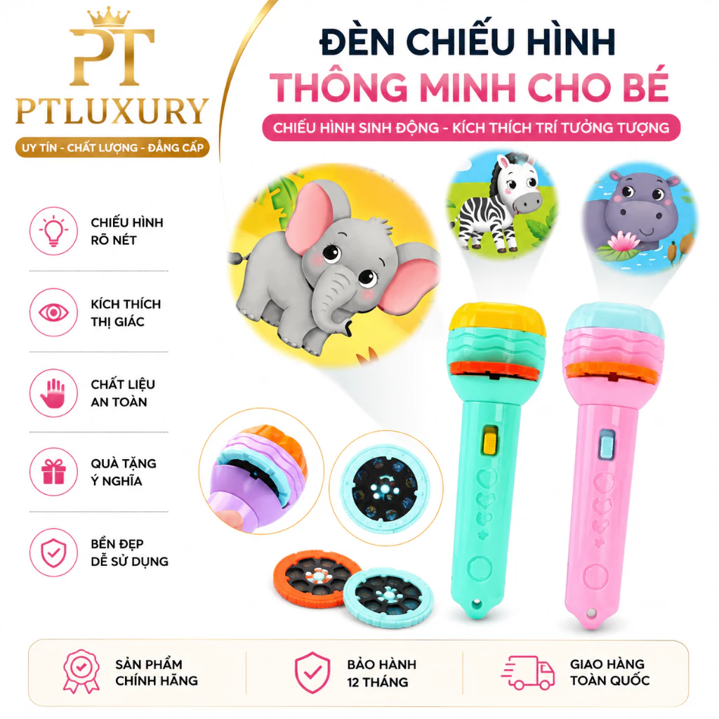 Đèn pin chiếu hình PTLUXURY 80 hình động vật nghộ nghĩnh 3d sắc nét cho bé vui chơi [ HÀNG CHÍNH HÃNG ]