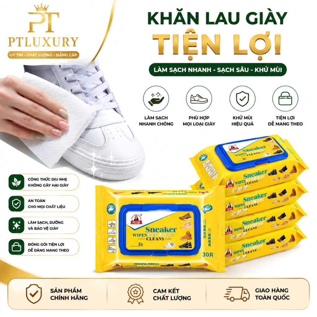 [ COMBO 3 GÓI ] Khăn Lau Giày Sneaker Siêu Sạch Hộp 30 Tờ Không Hoá Chất - PTLUXURY