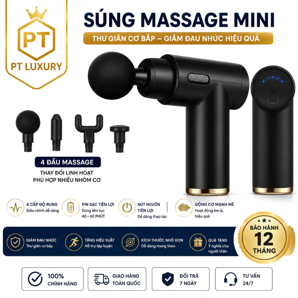 Súng massage cầm tay Với 4 Đầu Thay Thế 6 Cấp Độ Trị Liệu Toàn Thân
