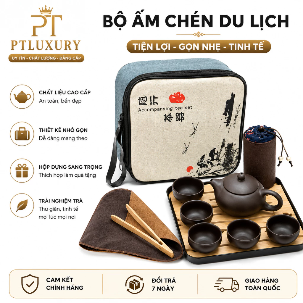 Bộ Ấm Chén Uống Trà Tử Sa 6 chén 12 Món Kèm Hộp Đựng - PTLUXURY