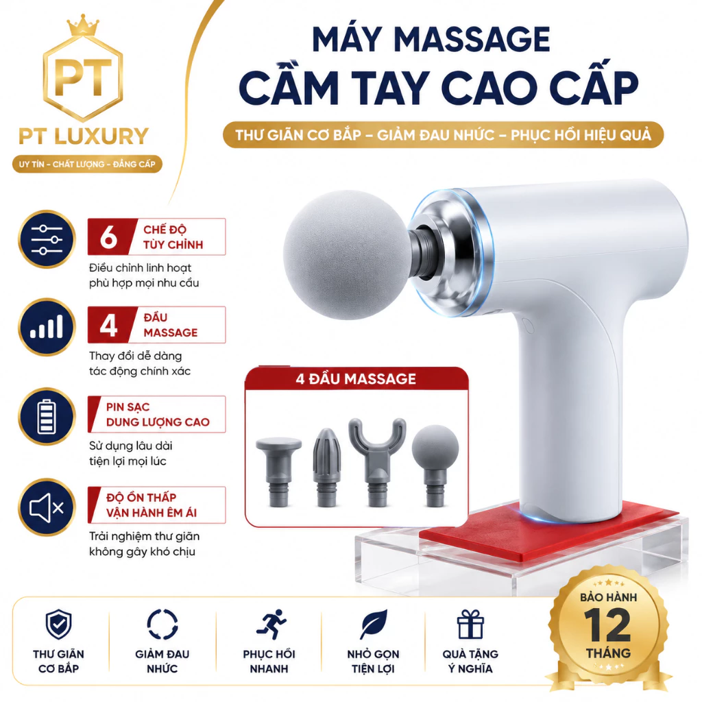 Súng Massage Cầm Tay PTLUXURY 4 Đầu 6 Cấp Độ Đấm Lưng Massage Cổ, Toàn Thân Chuyên Sâu Đa Năng