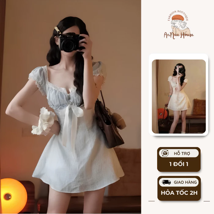 VÁY NGẮN CỔ VUÔNG PHỐI REN TAY BỒNG NHẤN NƠ THẮT SIÊU XINH DÁNG XÒE TÔN DÁNG MẶC MÙA HÈ