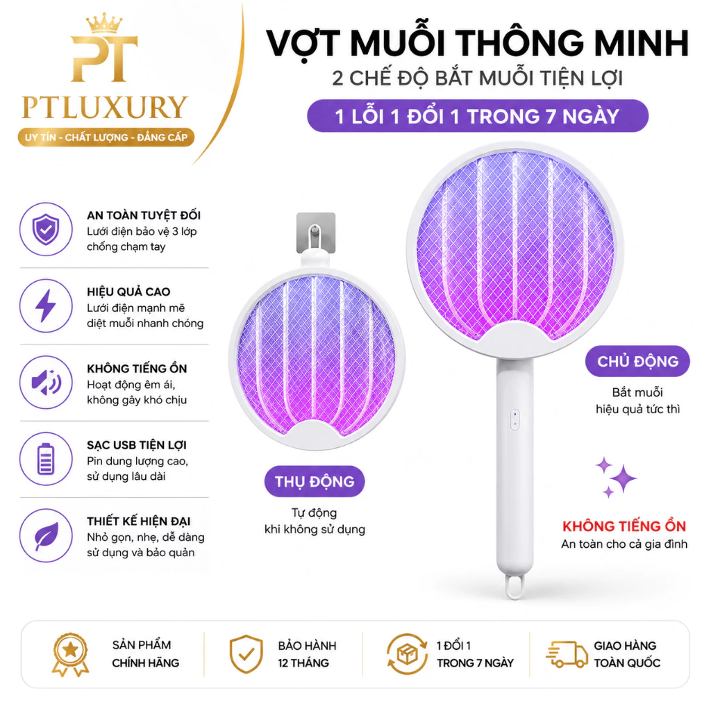 Vợt Muỗi PTLUXURY Thông Minh Gấp Gọn 2 In 1 Kiêm Đèn Bắt Muỗi Tự Động Ban Đêm