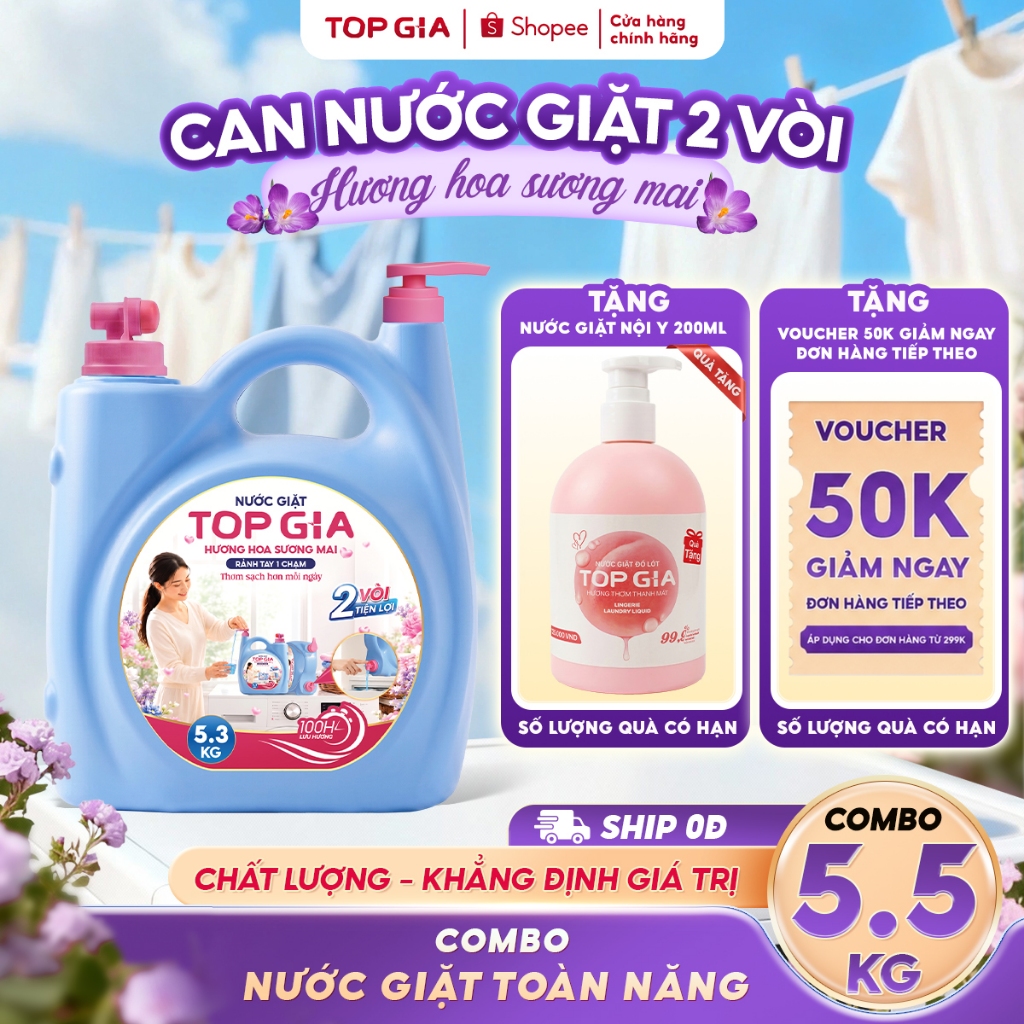 Can Nước Giặt Xả Đậm Đặc TopGia 2 Vòi 5.3KG Hương Hoa Sương Mai, Lưu Hương 100H