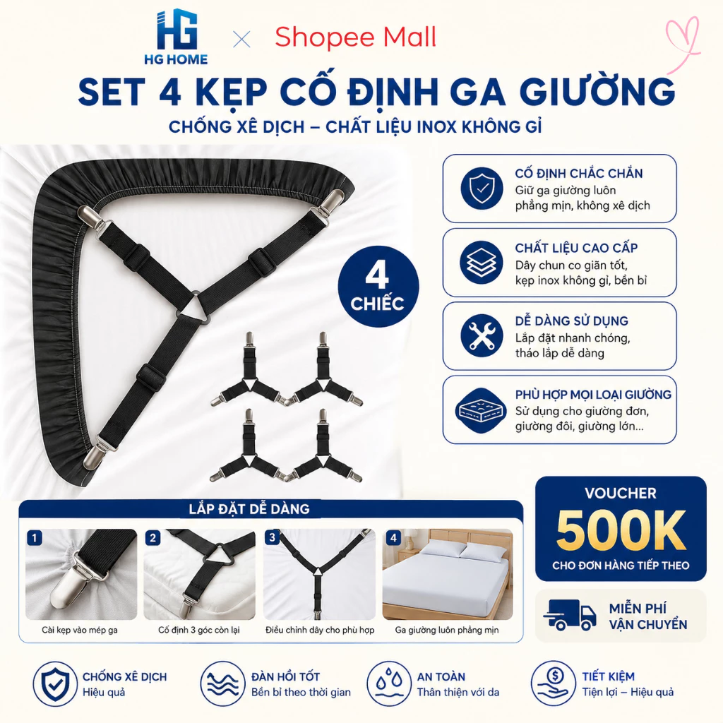 Set 4 Kẹp Cố Định Ga Giường Chống Xê Dịch Chất Liệu Inox Không Gỉ HGHOME
