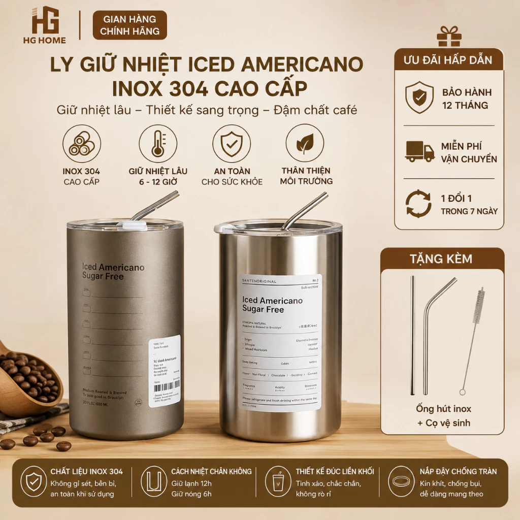 Ly giữ nhiệt Iced Americano inox 304, cốc giữ nhiệt đúc liền khối cao cấp có nắp đậy tặng kèm ống hút HGHOME
