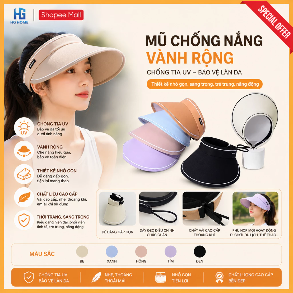 Mũ Chống Nắng Vành Rộng HGHOME Chống Tia UV Thiết Kế Nhỏ Gọn, Sang Trọng, Trẻ Trung, Năng Động