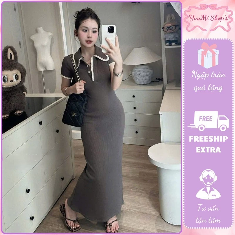 Váy ôm body dáng dài cổ polo viền ren nhún thun tăm co giãn bốn chiều tôn đường cong đi chơi dạo phố hcom26446