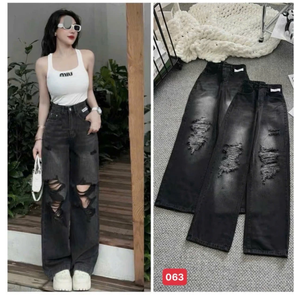 Quần jean nữ ống rộng, quần baggy jean cottong quần bò nữ cạp cao Bi shop173 ms058