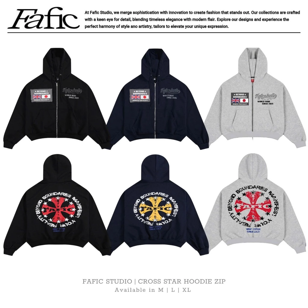 Áo khoác zip dây kéo nỉ Cua FAFIC CROSS STAR HOODIE ZIP không xù chống nắng BIG BOXY 420gsm NAM NỮ UNISEX