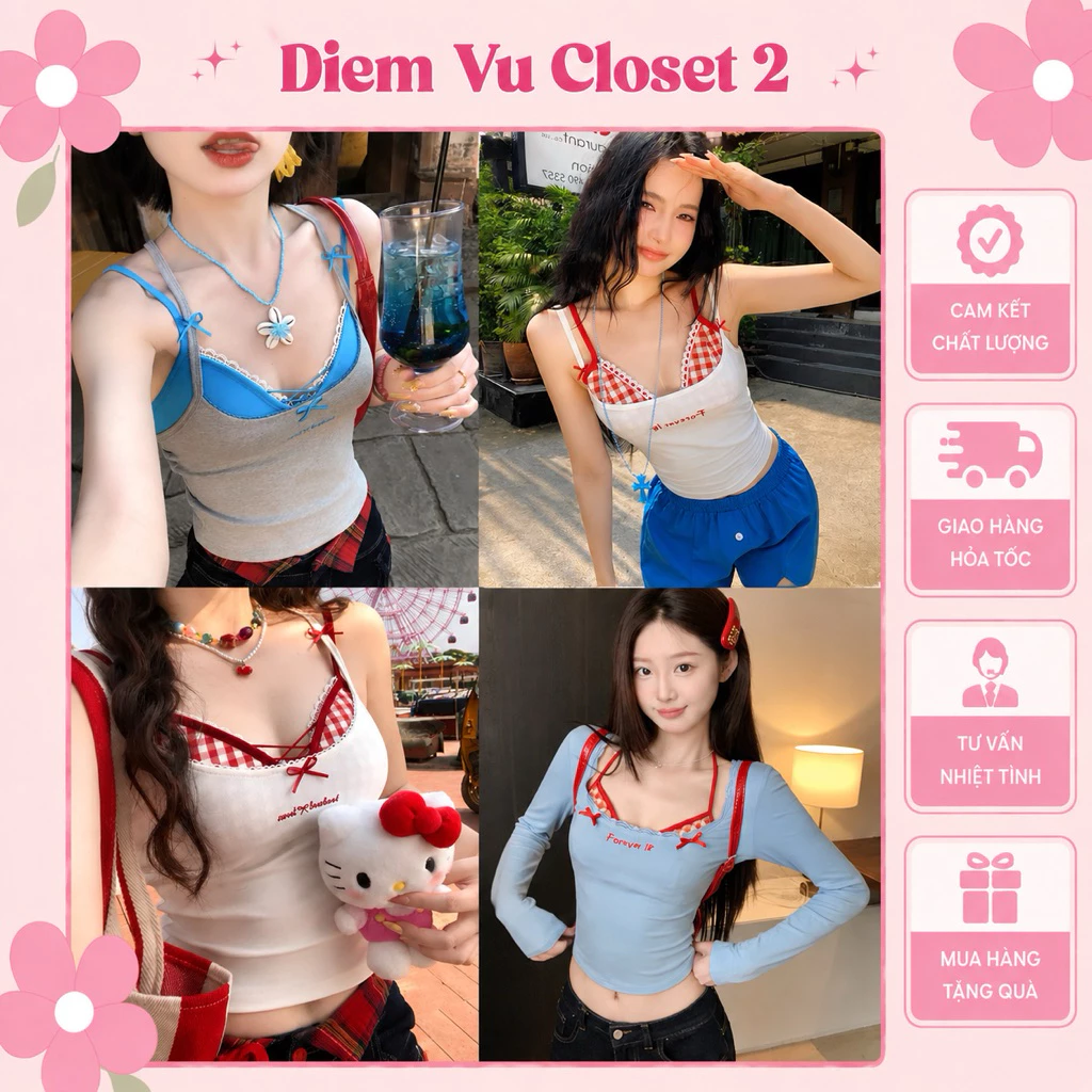 (HÀNG CÓ SẴN) Set áo bra caro có mút kèm áo 2 dây thêu chữ cá tính, áo nữ ôm body tôn dáng