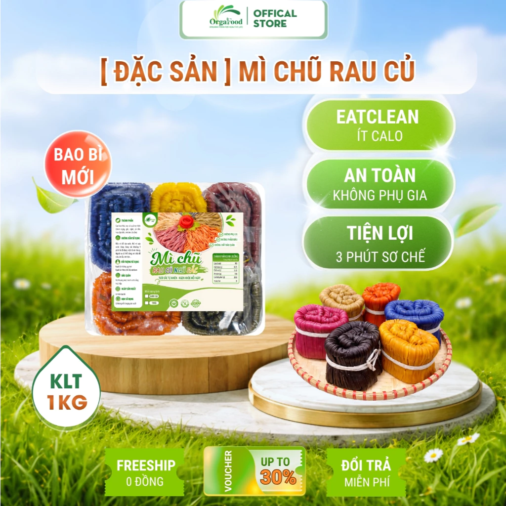 Mì chũ rau củ tự nhiên 1kg Orgafood, đặc sản Bắc Giang, mì ngũ sắc rau củ số 1 Việt Nam, eatclean ăn kiêng giảm cân