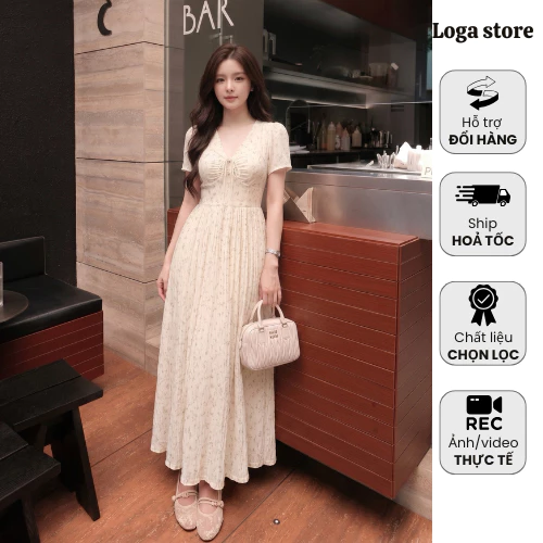 Đầm Maxi Nữ Hoa Nhí Cổ V Chiết Eo Dáng Dài Tay Ngắn Thanh Lịch Phong Cách Hàn Quốc Logastore_L114