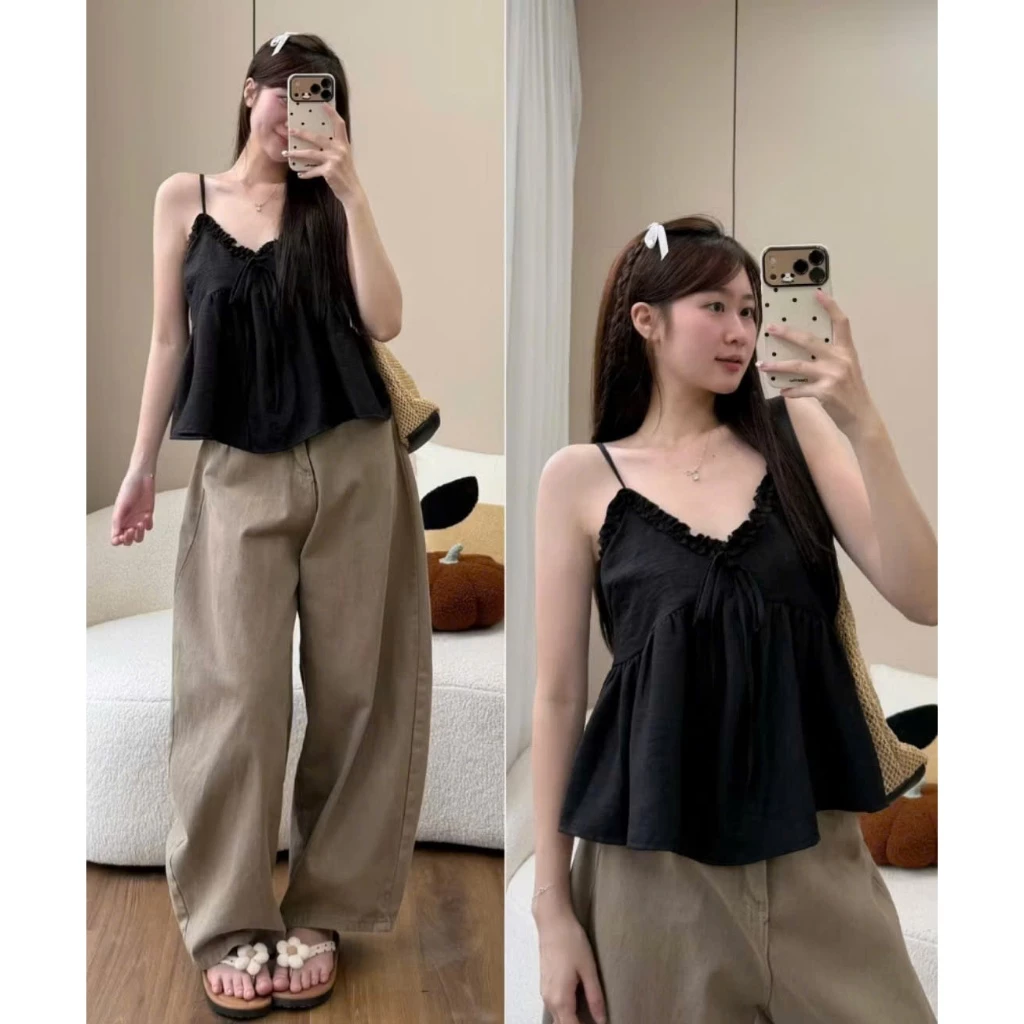 Áo Hai Dây Babydoll Nữ Dáng Suông Xòe Phối Bèo, Áo Hàn Quốc Vintage Che Bụng Mặc Hè Đi Biển Hot Trend Mới