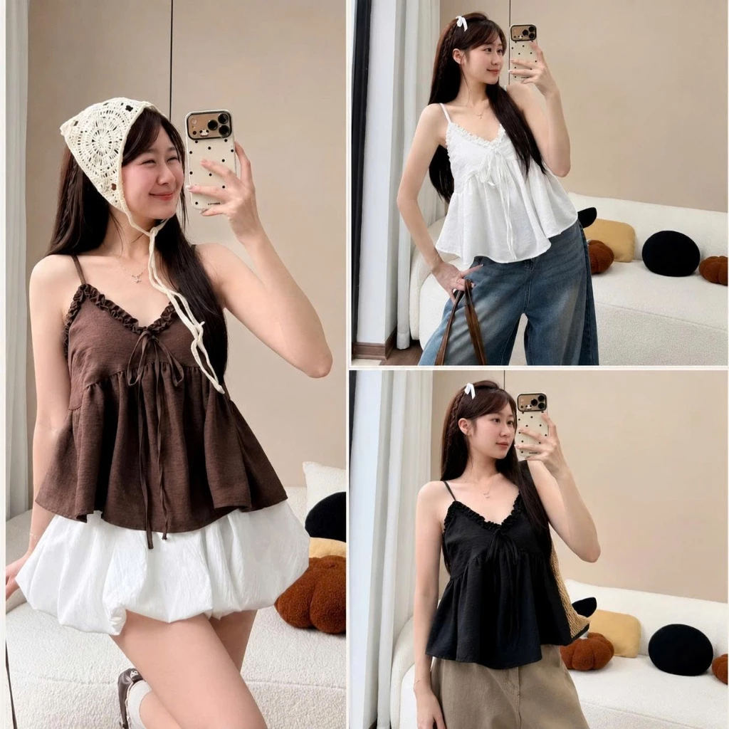 Áo Babydoll Hai Dây Nữ Dáng Xòe Buộc Nơ Tiểu Thư, Áo Kiểu Hàn Quốc Vintage Mặc Đi Biển Đi Chơi Xu Hướng Mới