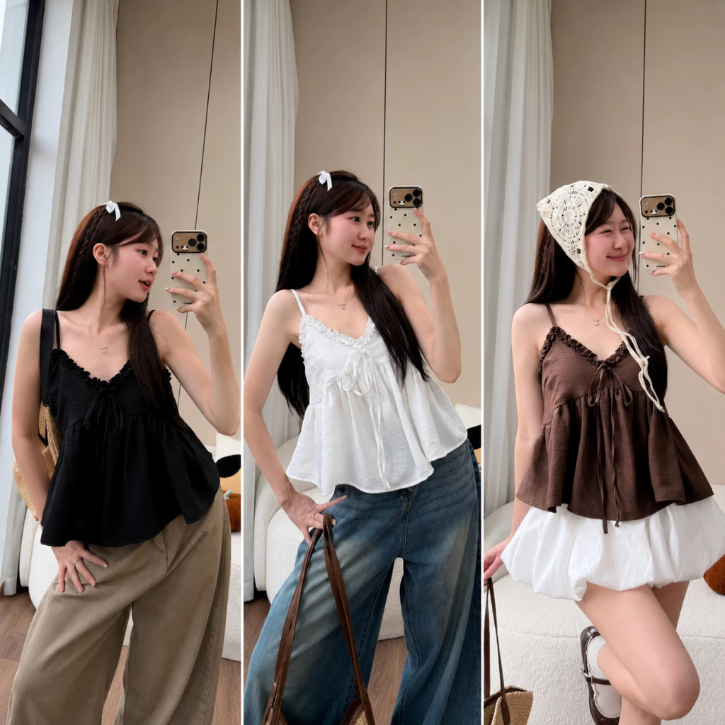 Áo Hai Dây Nữ Dáng Babydoll Nhún Bèo Cổ V Buộc Nơ, Áo Kiểu Mặc Đi Biển Đi Chơi Phong Cách Hàn Quốc Vintage Hot