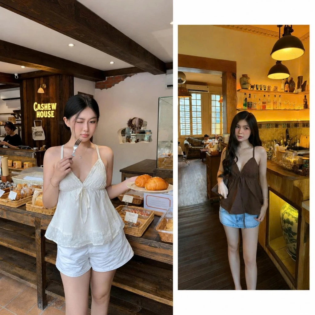 Áo Hai Dây Babydoll Nữ Thêu Hoa Cổ V Buộc Nơ, Áo Kiểu Tiểu Thư Hàn Quốc Mặc Đi Biển Cafe Du Lịch Hot Trend