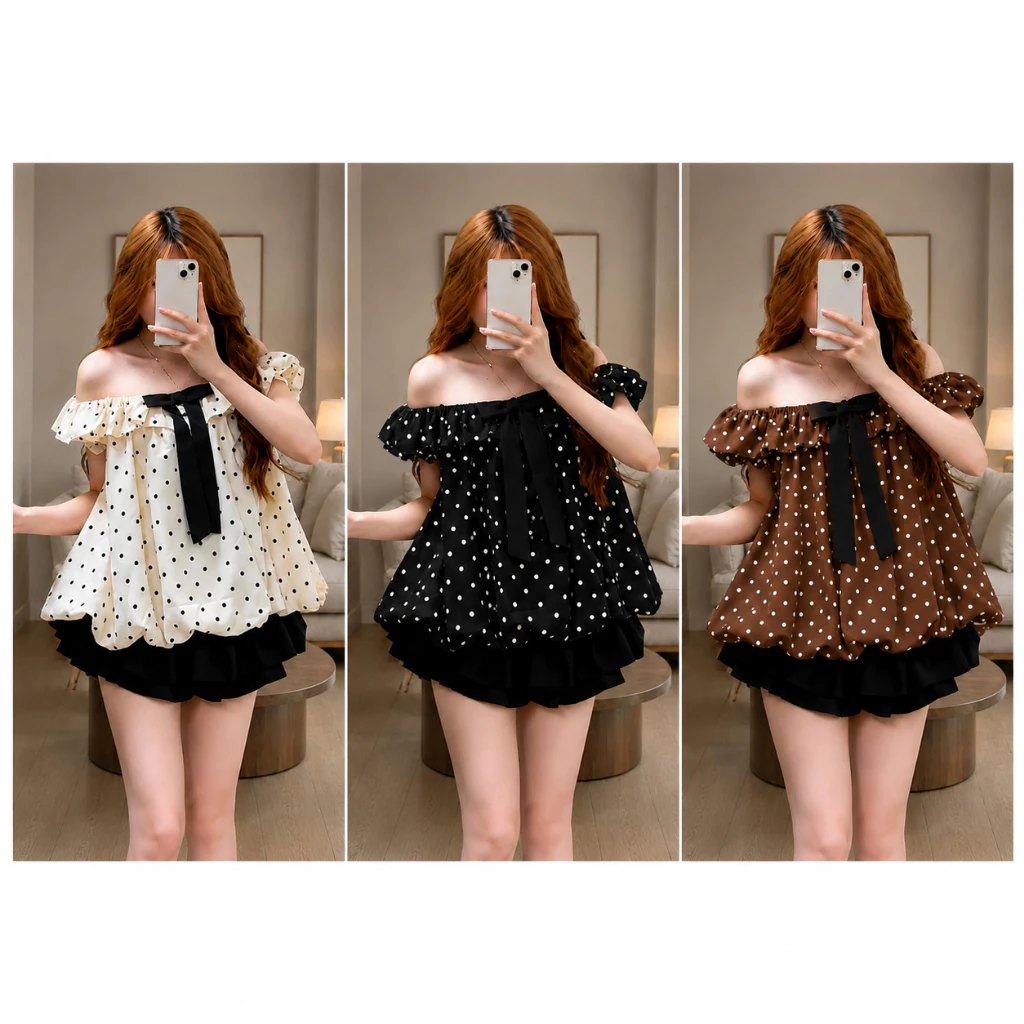 Áo Babydoll Trễ Vai Chấm Bi Nữ Đính Nơ Dáng Xòe, Áo Kiểu Tiểu Thư Hàn Quốc Vintage Mặc Đi Chơi Hot Trend