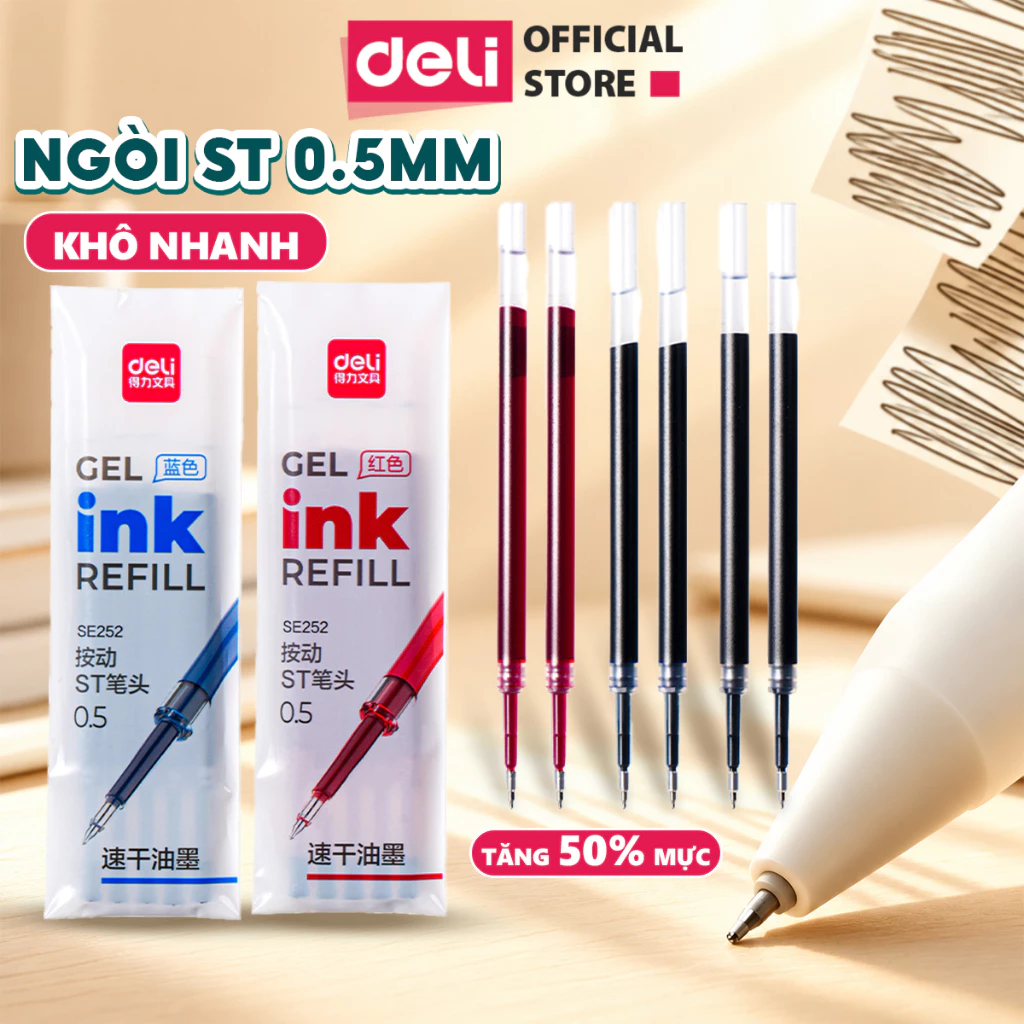 Combo 5/10/20 Ngòi Bút Gel Deli ST 0.5mm SE252 Ruột Bút Gel Nhanh Khô, Thay Thế Cho Bút Gel Bấm